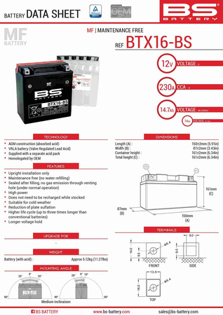 Bs akumulator btx16-bs (ytx16-bs) 12v 14ah 152x88x161 bezobsługowy - elektrolit osobno (230a) (4) ue2019/1148