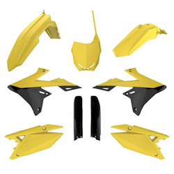KOMPLET PLASTIKÓW (FULL KIT) SUZUKI RMZ 250 '19-'26; RMZ 450 '18-'26 W ZESTAWIE TABLICA PRZEDNIA (8666100002) I OSŁONY AMORTYZARORÓW (8398300002) KOLOR ŻÓŁTY CZARNY OEM 26
