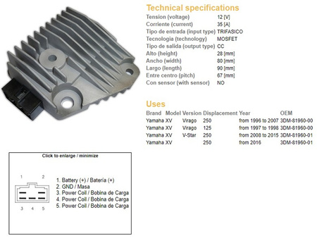 Dze regulator napięcia yamaha xv 125 virago 97-98, xv 250 virago 96-16, xv 250 v-star '08-'15 (3dm-81960-00, 3dm-81960-01)