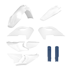 WYPRZEDAŻ KOMPLET PLASTIKÓW (FULL KIT) HUSQVARNA TE/FE TPI '24-'25 W ZESTAWIE OSŁONY AMORTYZATORÓW KOLOR OEM BIAŁY NIEBIESKI OEM '25