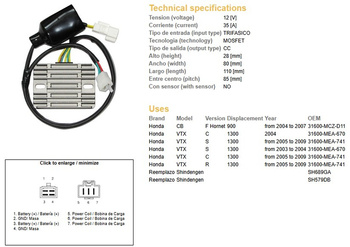 Dze regulator napięcia honda vtx 1300 s/r/c '05-'09 (31600-mea-741) sh579db (12v 35a) (esr437)