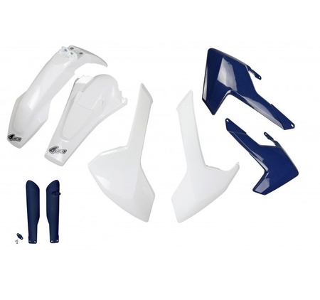 Komplet Plastików (Full Kit) Z Osłonami Teleskopów (Amortyzatorów) Husqvarna Te/Tx 125/250/300 '17-19, Fe 250/350/450/501 '17-19 Kolor Oem (Biały, Osłony Chłodnic Niebieskie) (Hu618e999)