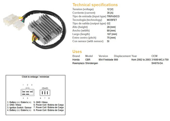 Dze regulator napięcia honda cbr900rr 02-03 (cbr954), vtx1800 02-08 (esr690) (31600-mcj-750) (sh678da) (35a)