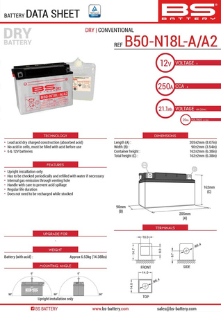 Bs akumulator b50-n18l-a/a2 (y50-n18l-a/a2) 12v 20ah 205x90x162 obsługowy - elektrolit osobno 250a (2) ue2019/1148