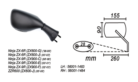 Lusterko prawe kawasaki zx-6r/zx-9r/zzr600 1999-08 power force