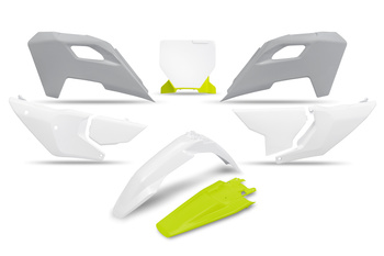 Komplet Plastików Husqvarna Tc 125 / 250 '23-'24, Fc 250 / 350 / 450 '23-'24, Fx 350 / 450 '23-'24, Tx 300 '24, Kolor Oem '24 ( Biały / Żółty ) (Przedłużona Tablica Na Numer Startowy)