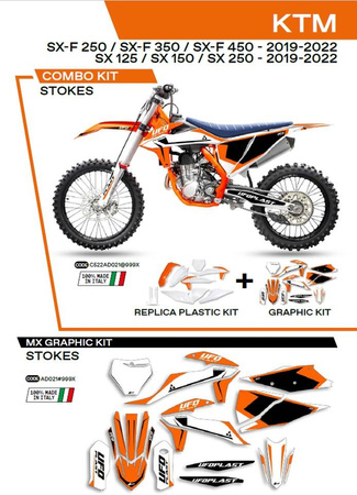 Komplet plastików plukomplet naklejek (oklein) ktm sx/sxf 125/150/250/350/450 '19-'22 w zestawie przednia tablica (kt04094) oraz osłony amortyzatorów (kt04055) stokekolor oem (biały/pomarańczowy)
