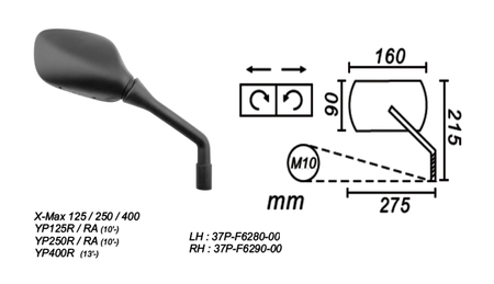 Lusterko Prawe Yamaha X-Max 125/250/400, Yp 125/250/400 2010-… Power Force
