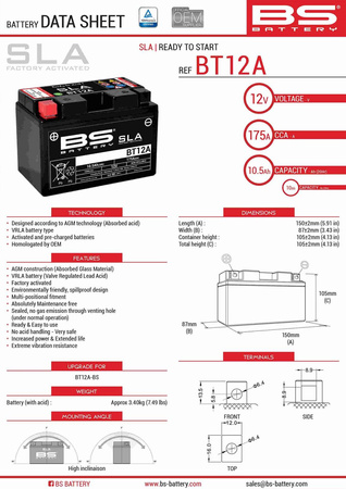 Bs akumulator bt12a (fa) (yt12a-bs, yt12a) 152x88x106 12v 10ah bezobsługowy - zalany (175a) (4)