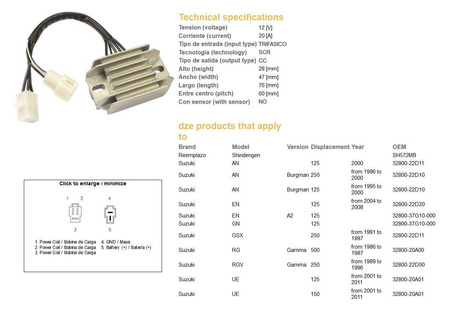 Dze regulator napięcia suzuki an 125/250 burgman '95-'00, gn 125 (32800-22d11, 32800-22d10, 32800-37g10-000) 12v/20a