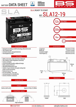 Bs akumulator sla12-19 (fa) (sla12-18) 12v 18ah 182x77x168 bezobsługowy - zalany (235a) (3)