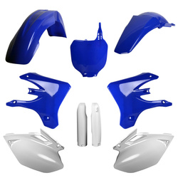 KOMPLET PLASTIKÓW (FULL KIT) YAMAHA YZ 250F '05; YZ 450F '05 W ZESTAWIE TABLICA PRZEDNIA (8658000003) I OSŁONY AMORTYZARORÓW (8398100001) KOLOR NIEBIESKI BIAŁY OEM