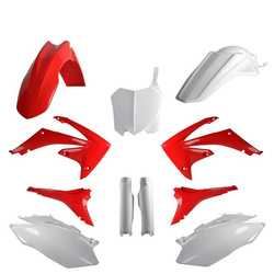 KOMPLET PLASTIKÓW (FULL KIT) HONDA CRF 250R '10; CRF 450R '09-'10 W ZESTAWIE TABLICA PRZEDNIA (8656700001) I OSŁONY AMORTYZARORÓW (8351700001) KOLOR CZERWONO BIAŁY OEM
