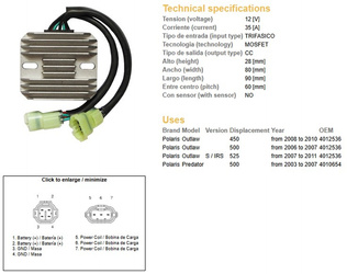 Dze regulator napięcia polaris predator 500 '03-'07, outlaw 400/500/525 '06-'11 12v 35a (oem-4010654, 4012536) (esr541)