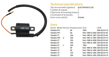 Dze cewka zapłonowa yamaha yz 125/250 90-93, xt 350 85-00, tt350, pw80
