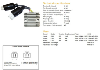Dze regulator napięcia honda cbr600rr 07-11, cbr1000rr 04-05 (31600-mel-821) (esr439) (sh678fd, sh678fb)