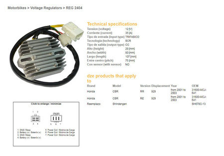 Dze regulator napięcia honda cbr600rr 03-06, cbr900 rr (929) 00-01, cb900 hornet 02-07 (sh678c-13) (esr436;esr430)