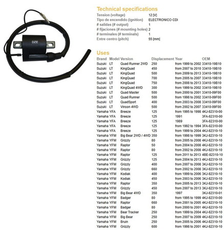 Dze cewka zapłonowa suzuki drz 400 '00-'12, king quad 700/750 '05-'13, yamaha grizzly/raptor/kodiak 350/400/450/600/660