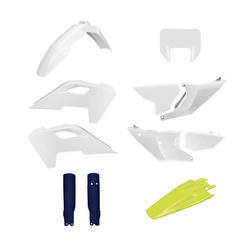 KOMPLET PLASTIKÓW (FULL KIT) HUSQVARNA TE/FE TPI '24-'25 W ZESTAWIE OSŁONA LAMPY PRZEDNIEJ (8681500001) I OSŁONY AMORTYZATORÓW (8352500008) KOLOR OEM BIAŁY NIEBIESKI OEM '24
