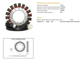 Uzwojenie alternatora stator yamaha xv 535 virago '87-00 (oem 2gv-81410-20-00)