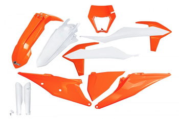 Komplet Plastików (Full Kit) Z Osłonami Teleskopów (Amortyzatorów) Ktm Exc 125 '20-'21, Exc 250 / 300 Tpi '20-'23, Exc-F 250 / 350 / 450 / 500 '20-'23 Z Osłoną Lampy Kolor Oem '23 (Biały/Pomarańczowy)