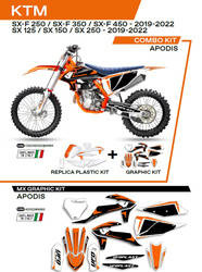 Komplet plastików plukomplet naklejek (oklein) ktm sx/sxf 125/150/250/350/450 '19-'22 w zestawie przednia tablica (kt04094) oraz osłony amortyzatorów (kt04055) apodikolor oem (biały/pomarańczowy)