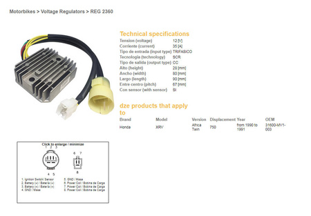 Dze regulator napięcia honda xrv750 africa twin '90-'91 (oem-31600-mv1-003) (35a)