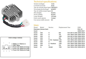 Dze regulator napięcia suzuki gsxr 600 '97-'05, gsxr 750 '96-'05, vl 1500 98-04, gsxr1000/1300 (esr550) (32800-33e20)