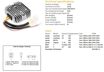 Dze regulator napięcia bmw f650 93-00, aprilia pegaso 650 96-04 (sh532b-12) (61312346432, ap8112941) (esr962)