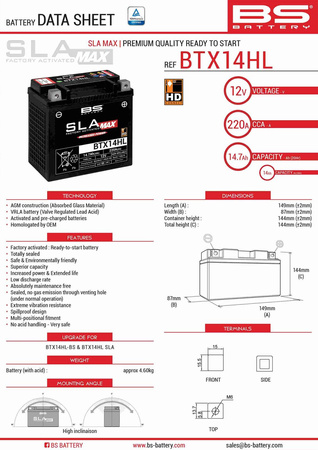 Bs akumulator btx14hl max (fa) (ytx14l-bs) 12v 14ah 149x87x144 bezobsługowy - zalany (zwiększony prąd rozruchowy) (220a) (4) - zastępuje 300856 300882