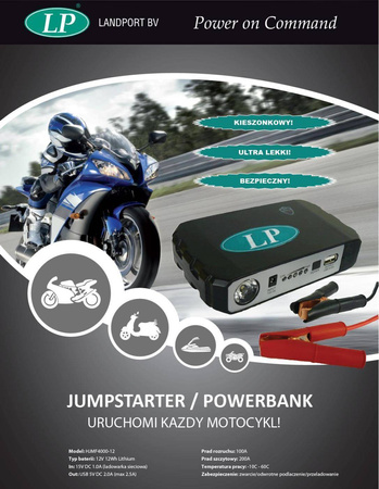 Jumpstarter / powerbank z klemami do akumulatora, wyjściem usb oraz latarką