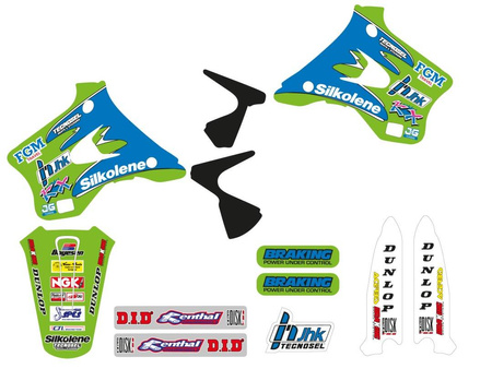 Komplet naklejek (oklein) + pokrowiec/poszycie na siedzenie kawasaki kx 125/250 '94-'98, replica team kawasaki '96