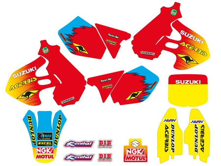 Komplet naklejek (oklein) + pokrowiec/poszycie na siedzenie suzuki rm 125/250 '99-'00, replica team suzuki '99