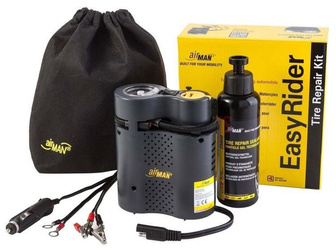AIRMAN ZESTAW DO PRZEBITYCH OPON EASY RIDER KOMPRESOR 12V, PREPARAT USZCZELNIAJĄCY 250ML, KOŃCÓWKI, POKROWIEC (32589)