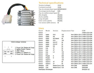 Regulator napięcia kymco agility 50/125/150 '08-13, people 125/200 '05-10, super 8 50/125 '08-12, (oem 31600-lcd3-c01)