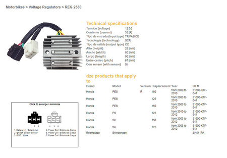 Dze regulator napięcia honda sh 125/150 '05-12 (12v, 35a) (31600-ktf-641) (sh541pa) (esr910)
