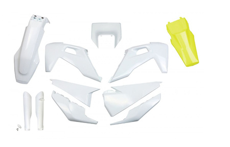 Komplet Plastików Z Osłonami Teleskopów (Amortyzatorów) Husqvarna Tx / Te 125 / 150 / 250 / 300 '20-'22, Fe 250 / 350 / 450 / 501 '20-'23 Kolor Oem Biały + Żółty Błotnik Tylny