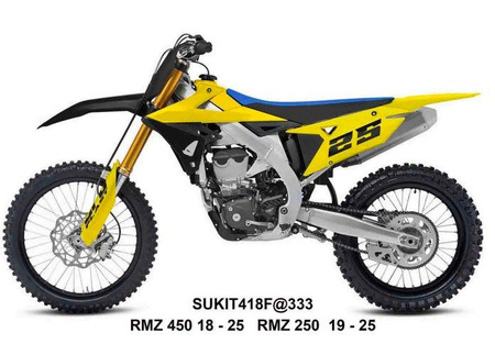 KOMPLET PLASTIKÓW (FULL KIT) Z OSŁONAMI TELESKOPÓW (AMORTYZATORÓW) SUZUKI RMZ 250 '19-'25, RMZ 450 '18-'25 KOLOR ŻÓŁTY / CZARNY