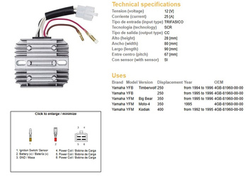 Dze regulator napięcia yamaha yfb 250 '94-96, yfm 350 '95-96, yfm 400 '92-95, (oem 4gb-81960-00-00)