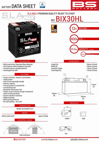 Bs akumulator bix30hl max (fa) (ytx30l) 12v 30ah 166x130x175 bezobsługowy - zalany (zwiększony prąd rozruchowy) (440a) (2)