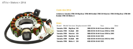 Uzwojenie alternatora stator yamaha yfm350 big bear '95-98, warrior '96-'01, kodiak 400 '93-'98 (esg434) (oem-3hn-8510-10-00, oem-4gb-85510-1