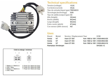 Dze regulator napięcia honda ntv650 '88-91 12v 35a (sh538c-12) (31600-mn8-008) (31600-mn8-028) (esr252)