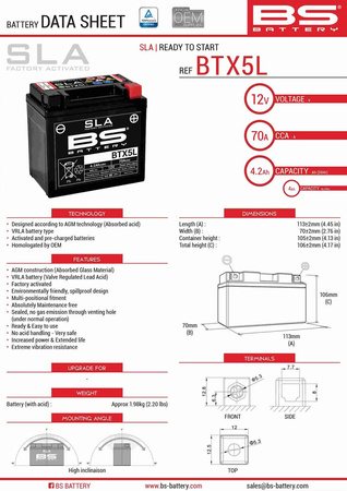 Bs akumulator btx5l (fa) (ytx5l-bs) 12v 4ah 114x71x106 bezobsługowy - zalany (70a) (8)