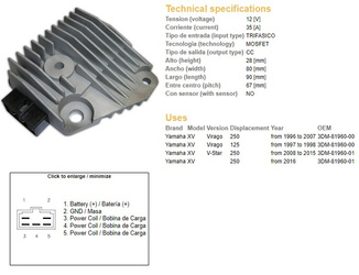 Dze regulator napięcia yamaha xv 125 virago 97-98, xv 250 virago 96-16, xv 250 v-star '08-'15 (3dm-81960-00, 3dm-81960-01)