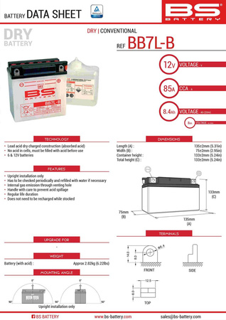 Bs akumulator bb7l-b (yb7l-b) (12n7-3b) (yb7l-b2) 12v 8ah 135x75x133 obsługowy - elektrolit osobno (85a) (6) ue2019/1148 (310595)