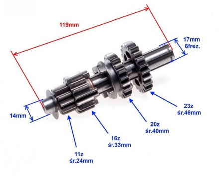 Wałek sprzęgłowy skrzyni biegów silnik 110 ccm 4T