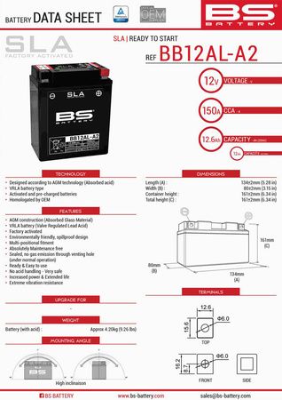 Bs akumulator bb12al-a2 (fa) (yb12al-a2) 12v 12ah 135x81x161 bezobsługowy - zalany (140a) (5)