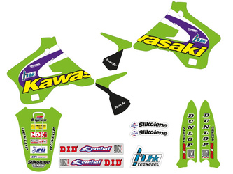 Komplet naklejek (oklein) + pokrowiec/poszycie na siedzenie kawasaki kx 125/250 '94-'98, replica team kawasaki '98
