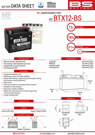 Bs akumulator btx12-bs (ytx12-bs) 12v 10ah 152x88x131 bezobsługowy - elektrolit osobno (180a) (4) ue2019/1148