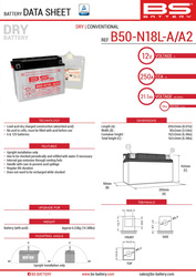 Bs akumulator b50-n18l-a/a2 (y50-n18l-a/a2) 12v 20ah 205x90x162 obsługowy - elektrolit osobno 250a (2) ue2019/1148